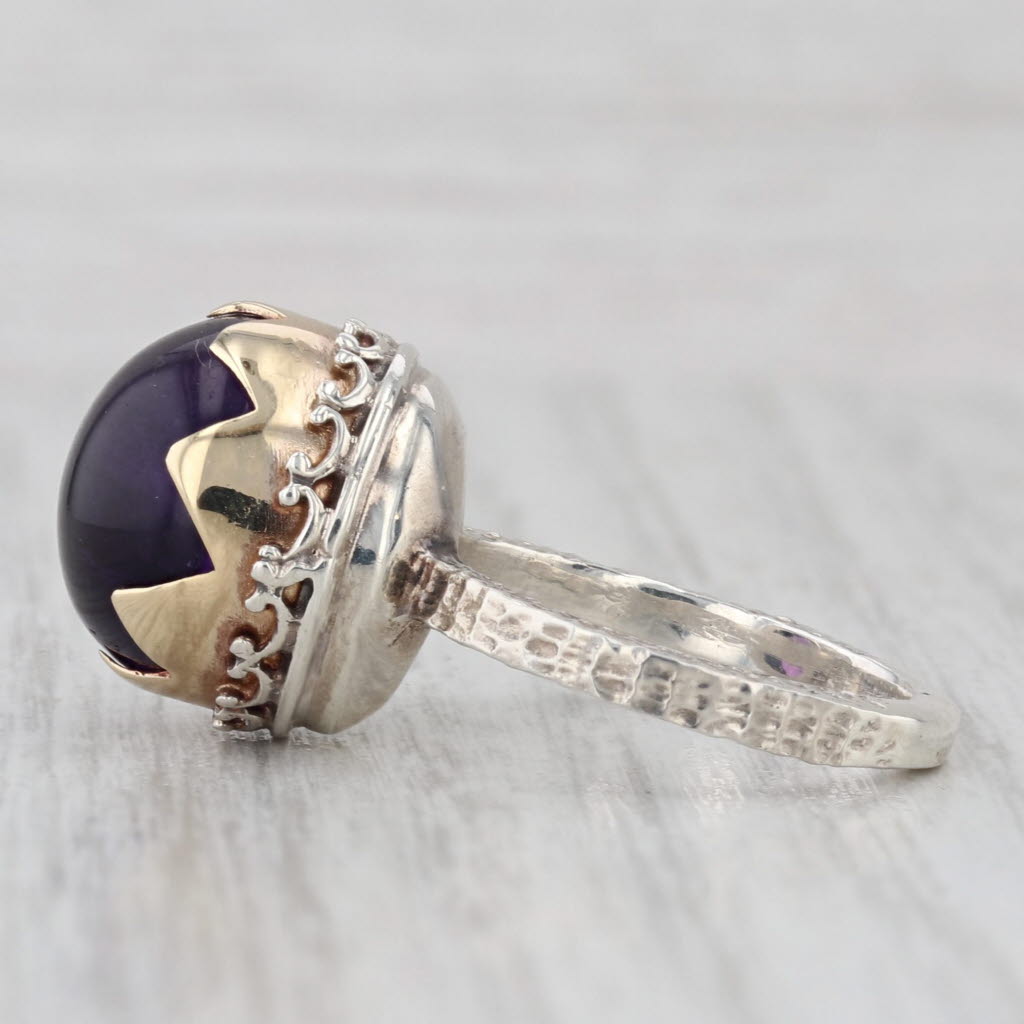 Light Gray Ornate Amethyst Cabochon Solitaire Ring Sterling Silver Gold Plating Size 5