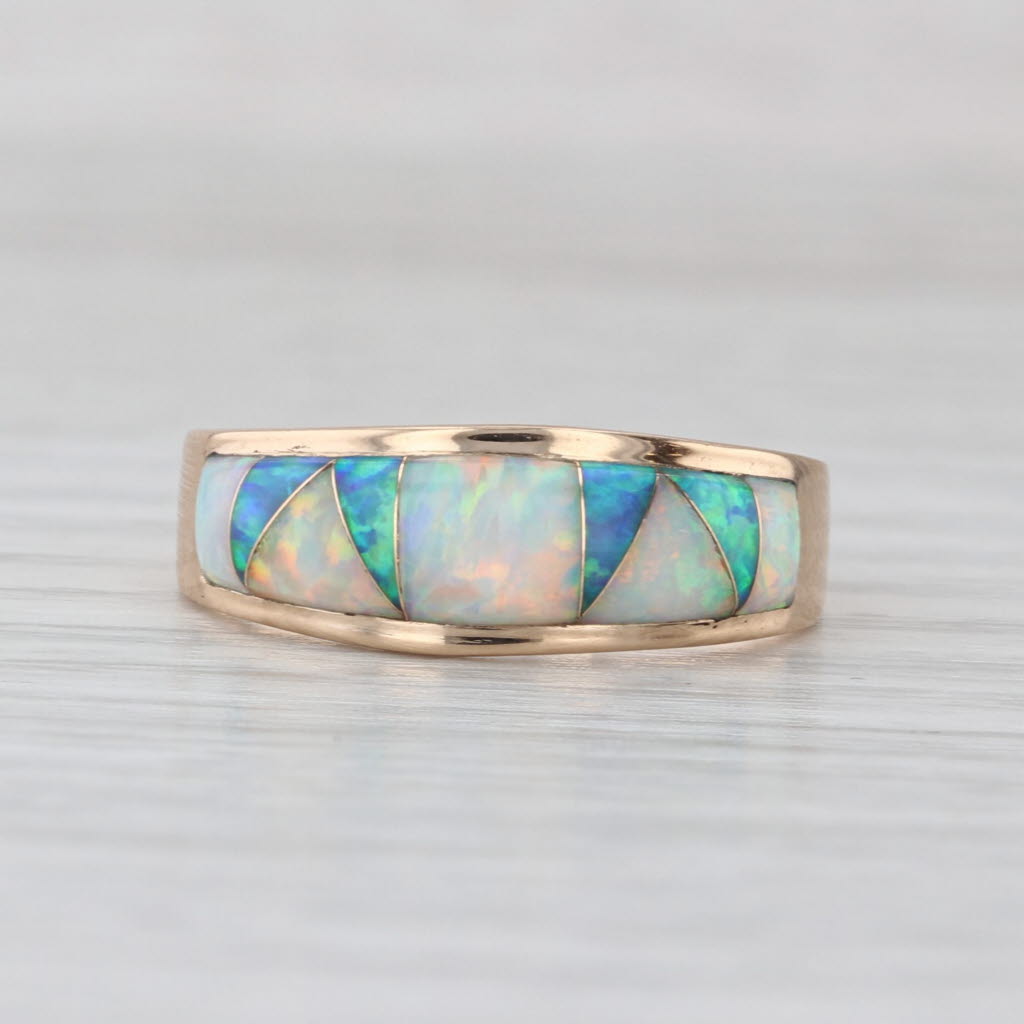 Lab Created Opal Mosaic Ring 14k Yellow Gold Size 7.25-7.5 Stackable Band