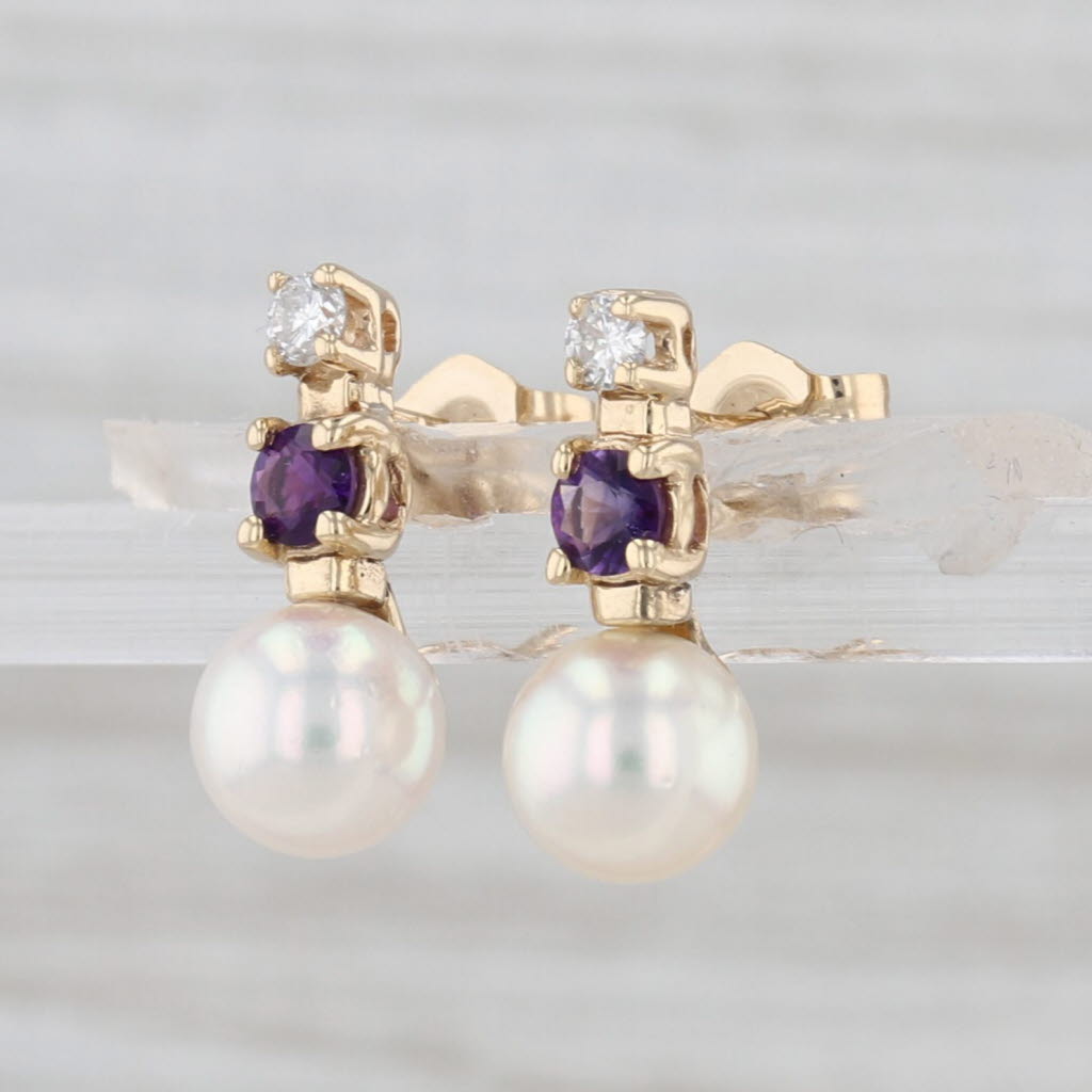 Cultured Pearl Amethyst Diamond Earrings 14k Yellow Gold Stud Drops