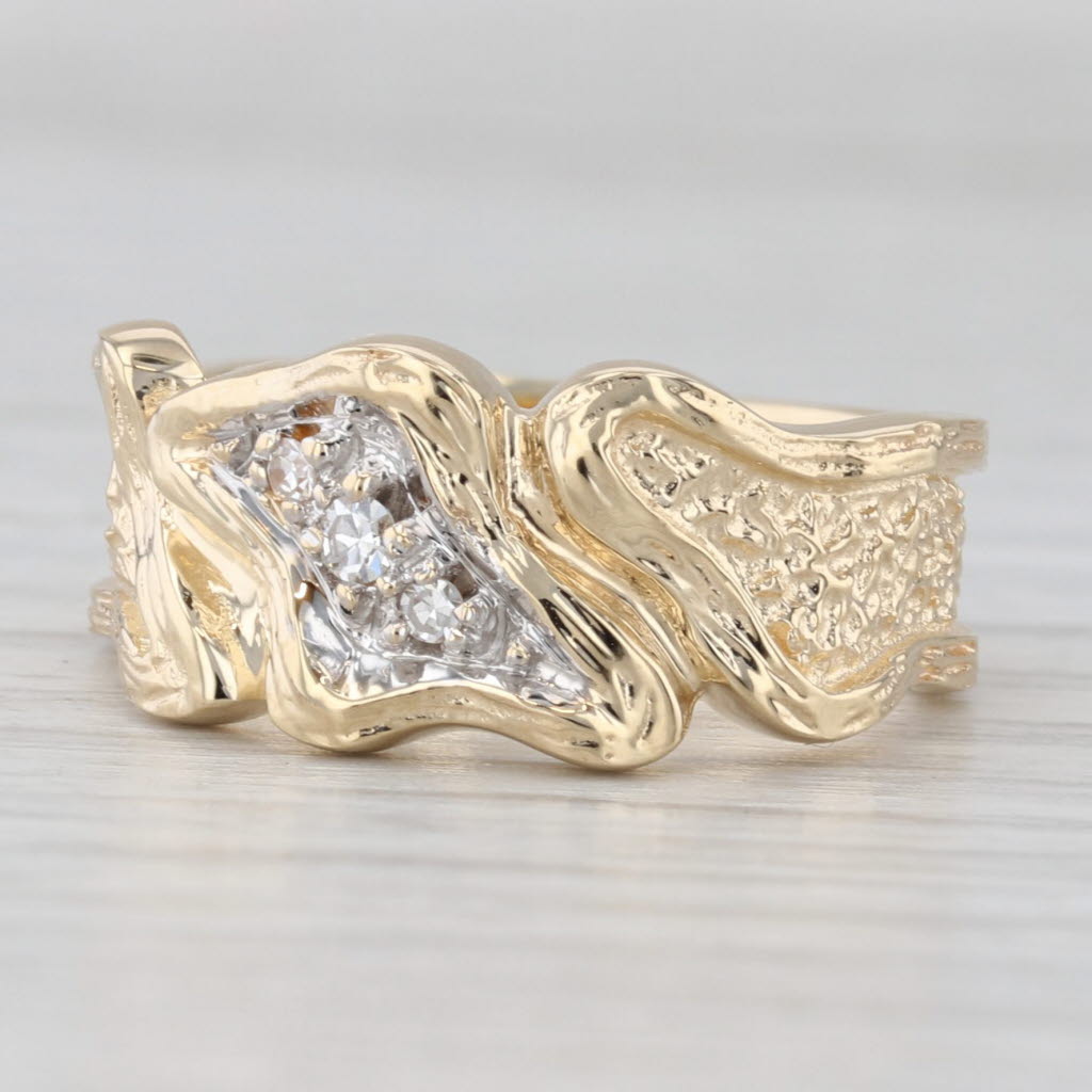 Light Gray Starfire Textured Diamond Bypass Ring 14k Yellow Gold Size 6.5