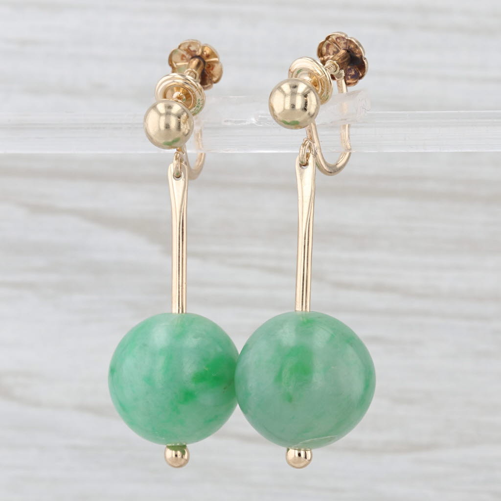 Green Jadeite Jade Bead Dangle Earrings 14k Yellow Gold Non Pierced Screw Backs