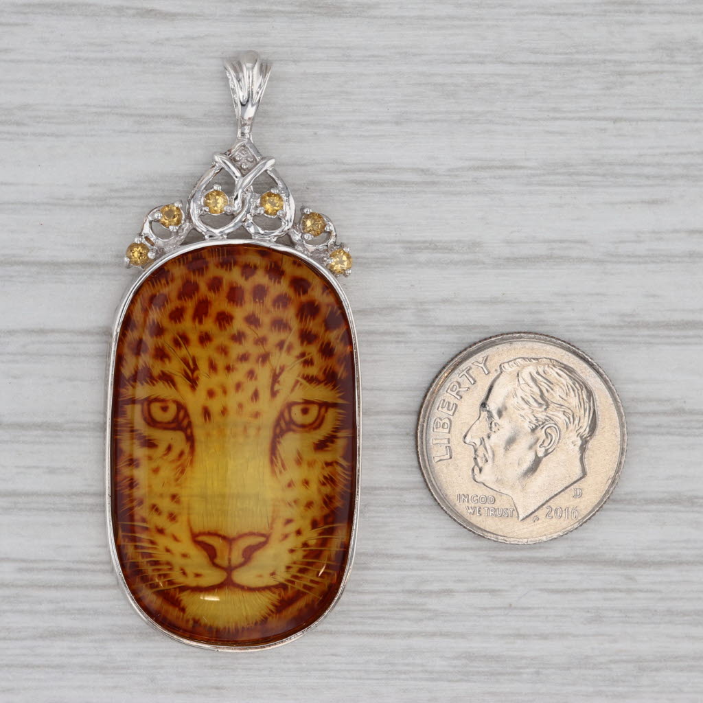 Gray New Citrine Resin Leopard Pendant Sterling Silver Statement