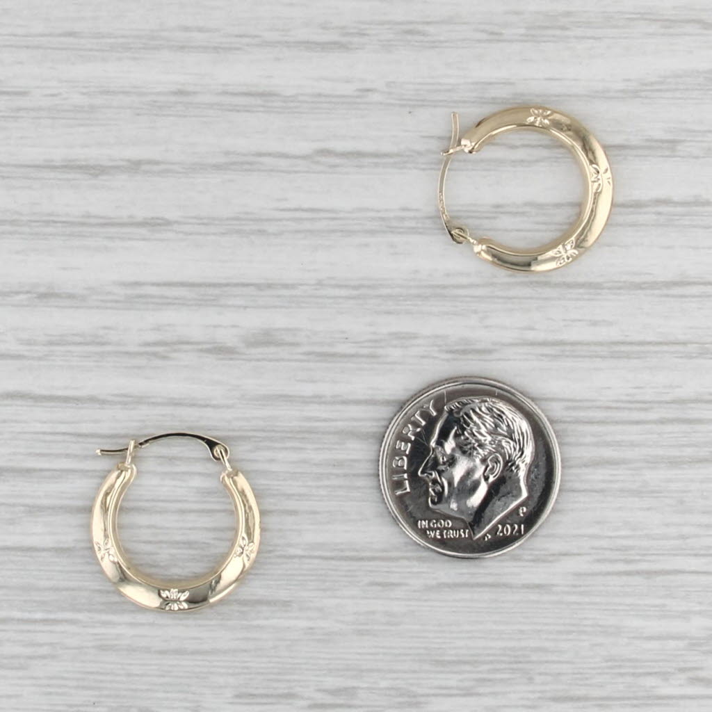 Floral Etched Hoop Earrings 10k Yellow Gold Snap Top Posts Round Hoops
