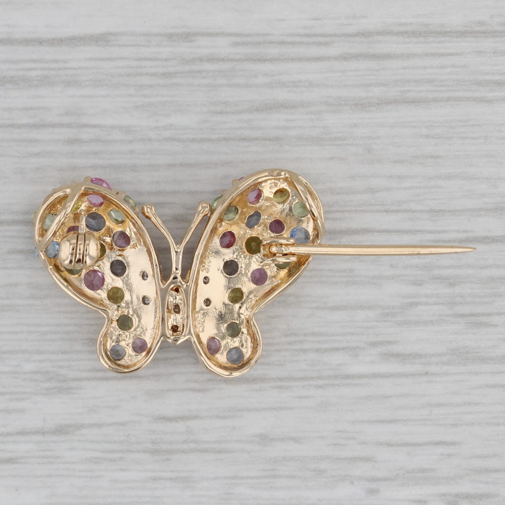 Gray 1.94ctw Multicolor Sapphire Diamond Butterfly Pendant Pin 14k Yellow Gold