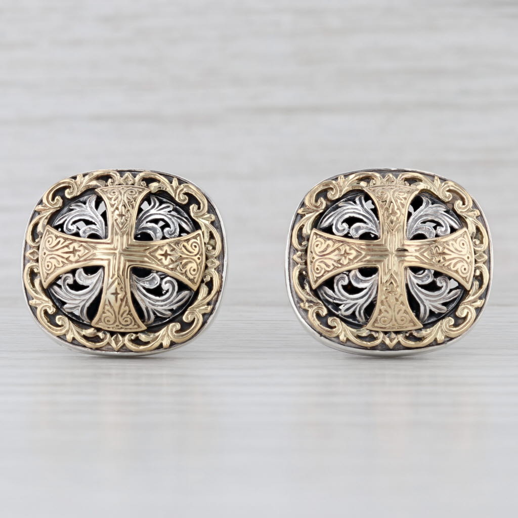 Ornate Openwork Cross Cufflinks Sterling Silver 18k Yellow Gold Konstantino