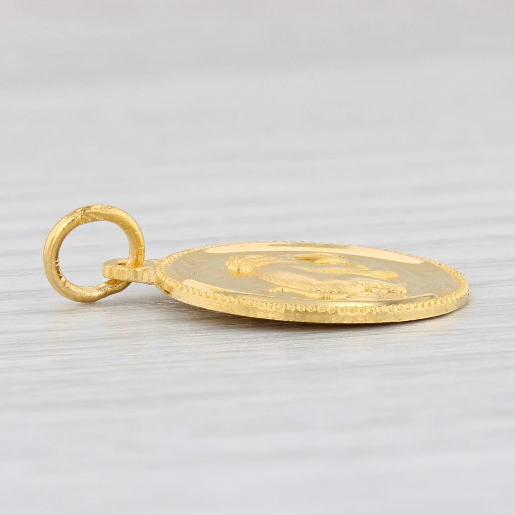 Light Gray Monkey Coin Pendant Chinese Character Wealth 24k Yellow Gold Charm