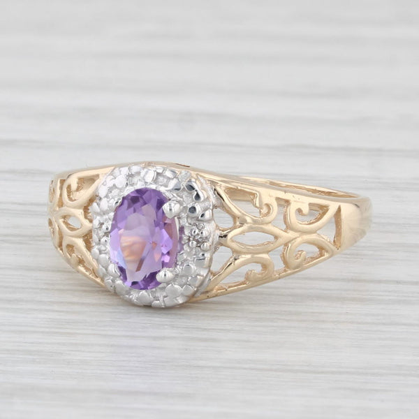 0.40ct Oval Amethyst Ring 10k Yellow Gold Openwork Diamond Accents Size 7