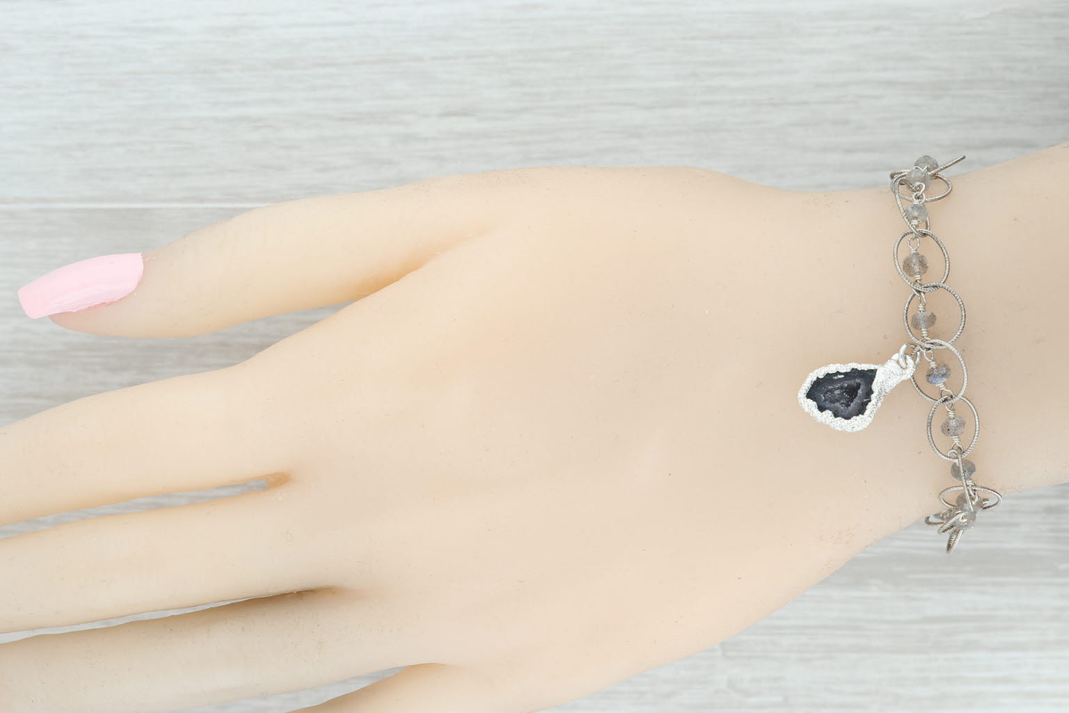 New Nina Wynn Druzy Geode Quartz Labradorite Bead Charm Bracelet 7.5" Sterling