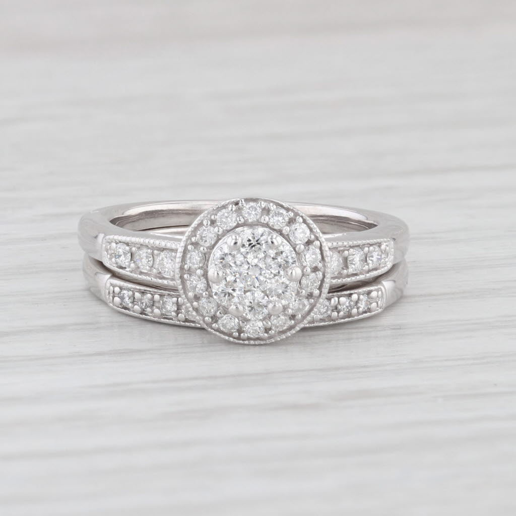 Light Gray 0.32ctw Round Diamond Halo Engagement Ring Wedding Band Set 10k White Gold Sz 5