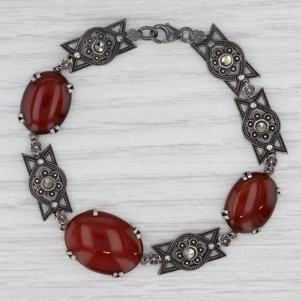 Light Gray Oval Cabochon Carnelian Marcasite Bracelet Sterling Silver 7" Ornate Vintage