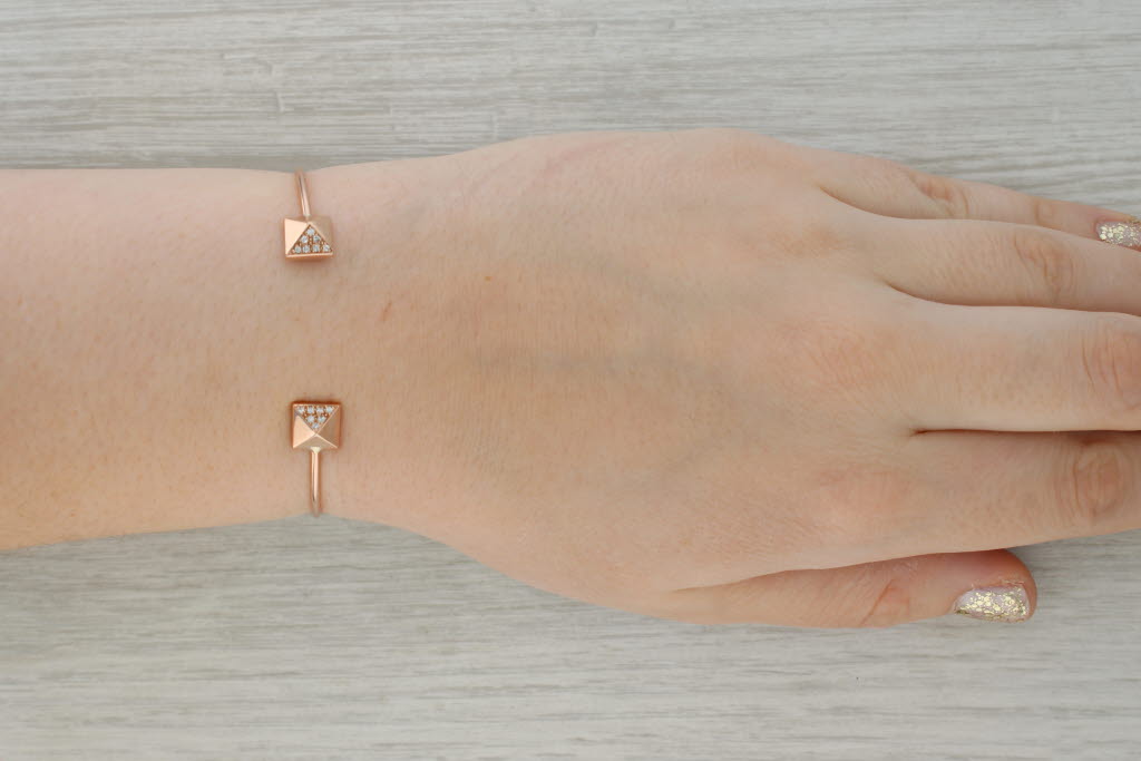 Rosy Brown Diamond Pyramid Ends Cuff Bracelet 14k Rose Gold 6"