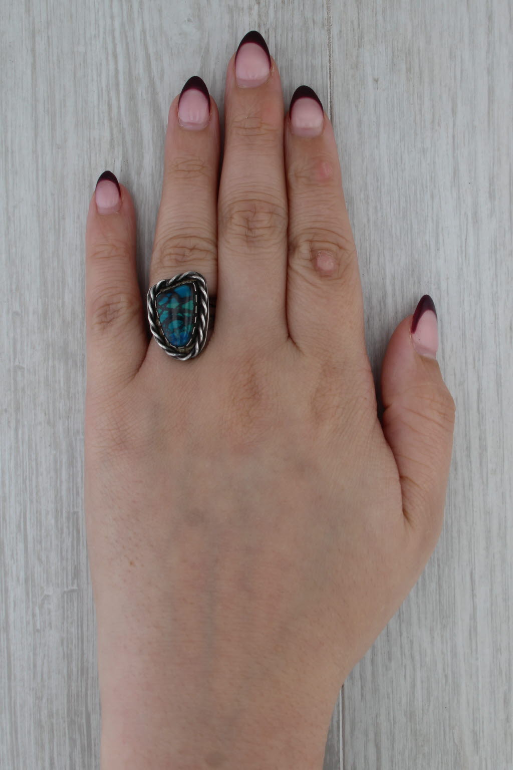 Imitation Turquoise Glass Ring Vintage Native American Sterling Silver Size 6.5