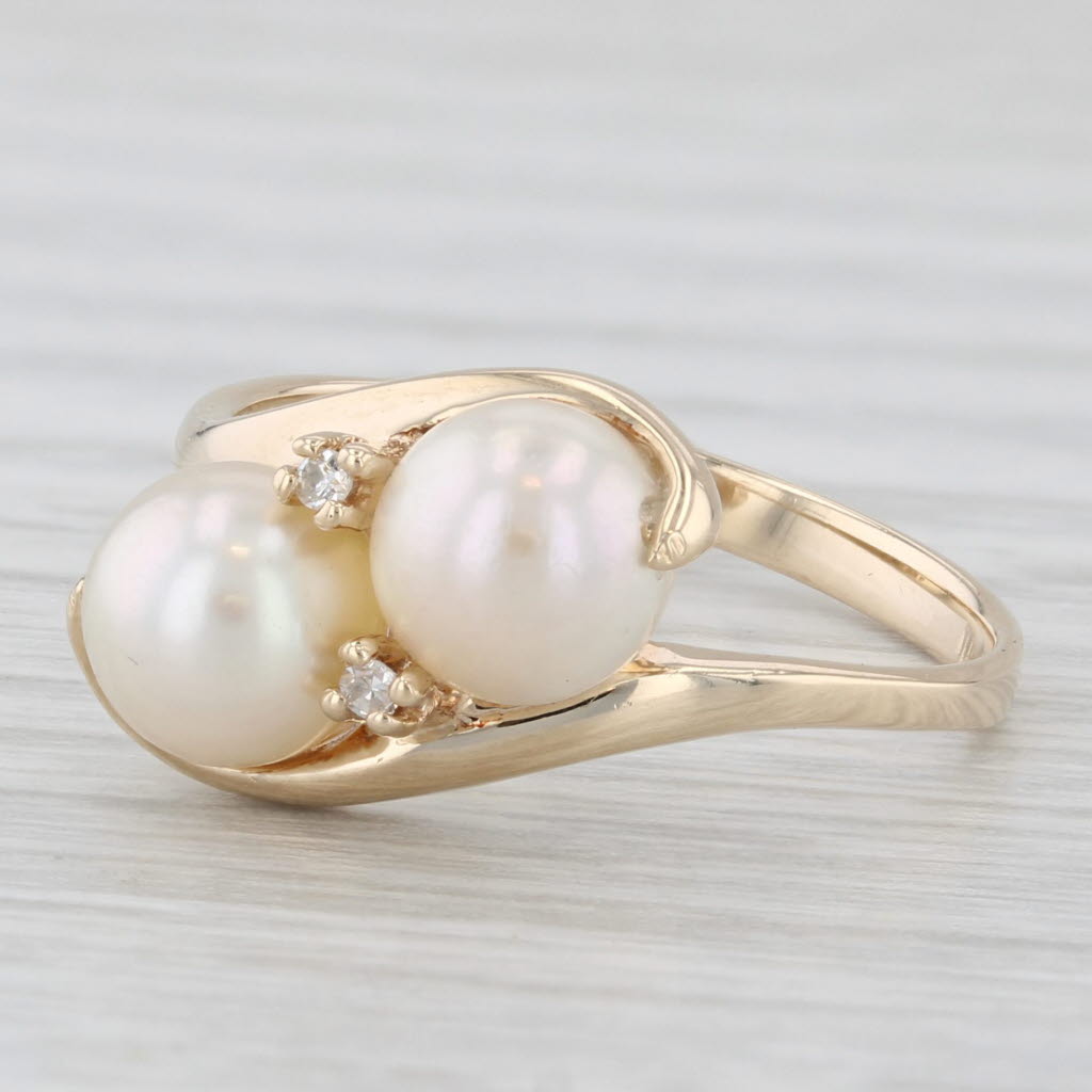 Light Gray 2 Stone Cultured Pearl Bypass Diamond Ring 10k Yellow Gold Size 6.25