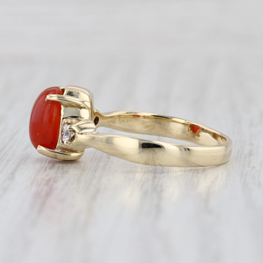 Fire Opal Cabochon Diamond Ring 14k Yellow Gold Size 7.75