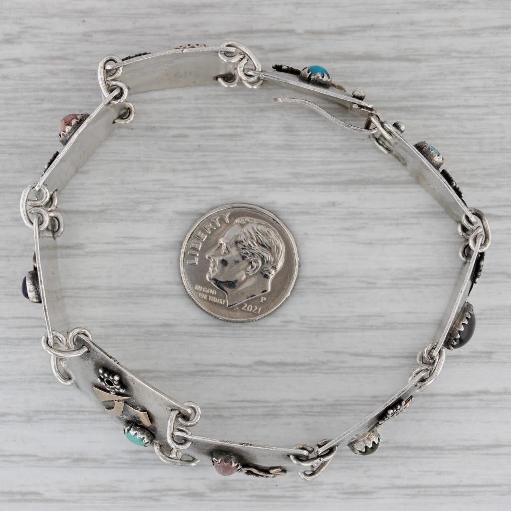 Gray Vintage Artisan Gemstone Panel Bracelet Sterling Silver 14k Gold Statement 7.25"