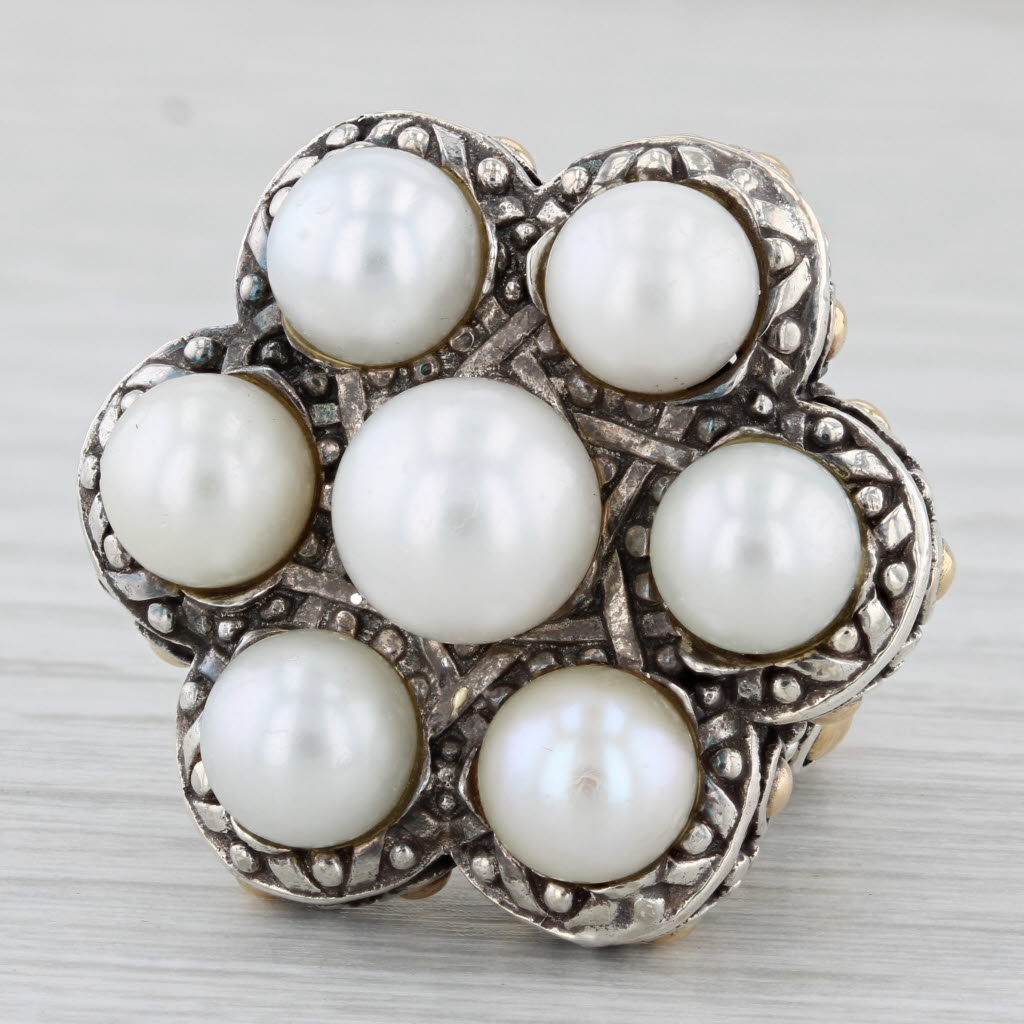 Light Gray John Hardy Cultured Pearl Cluster Ring Sterling Silver 18k Gold Size 7 Statement