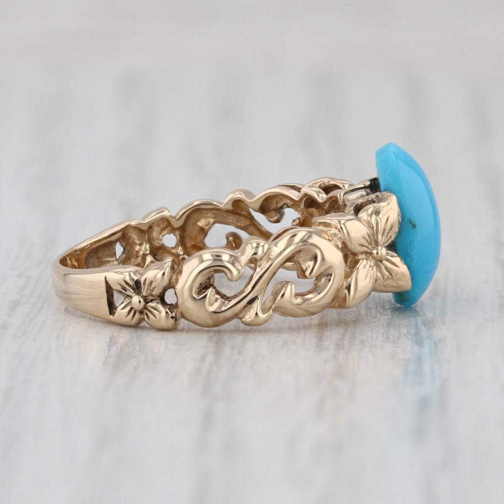 Oval Cabochon Turquoise Ring 14k Yellow Gold Ornate Floral Size 7