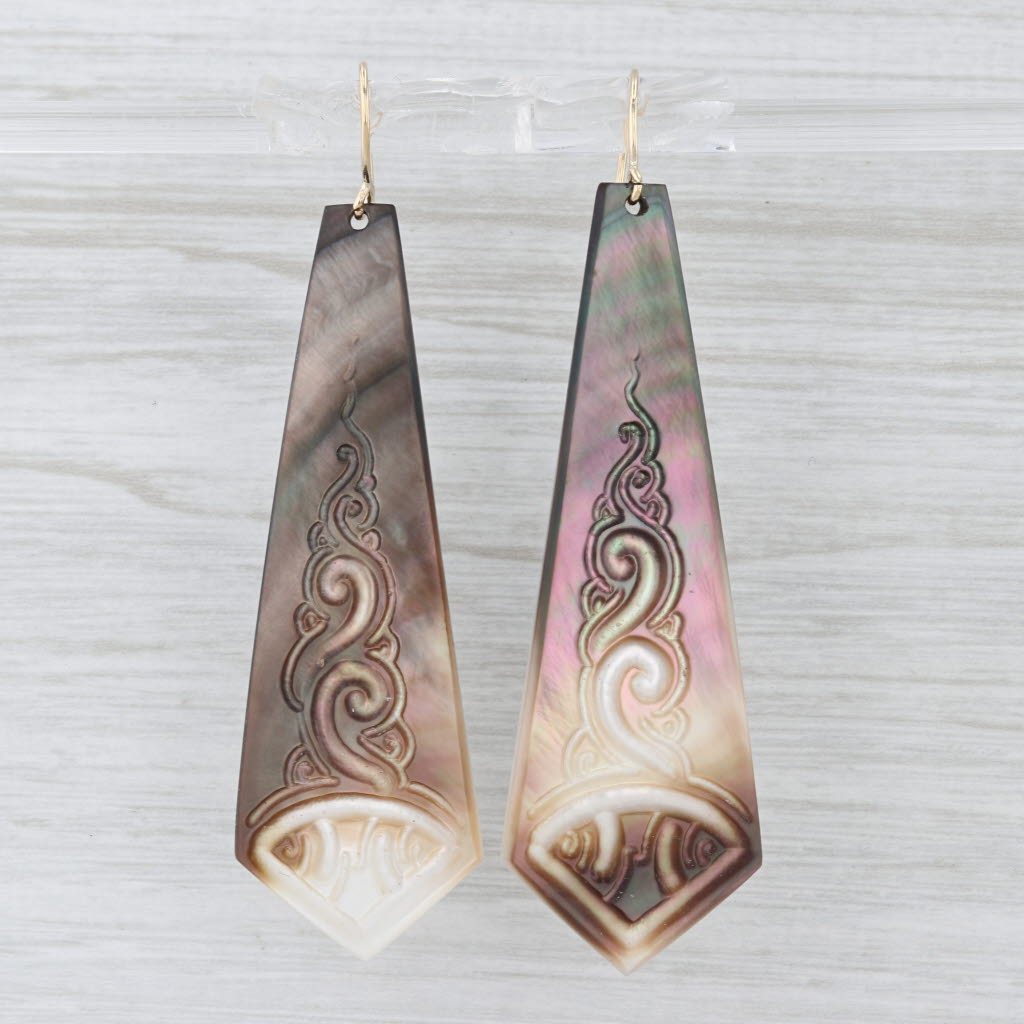 Ornate Carved Mother of Pearl Drop Earrings 14k Yellow Gold Hook Posts Dangles