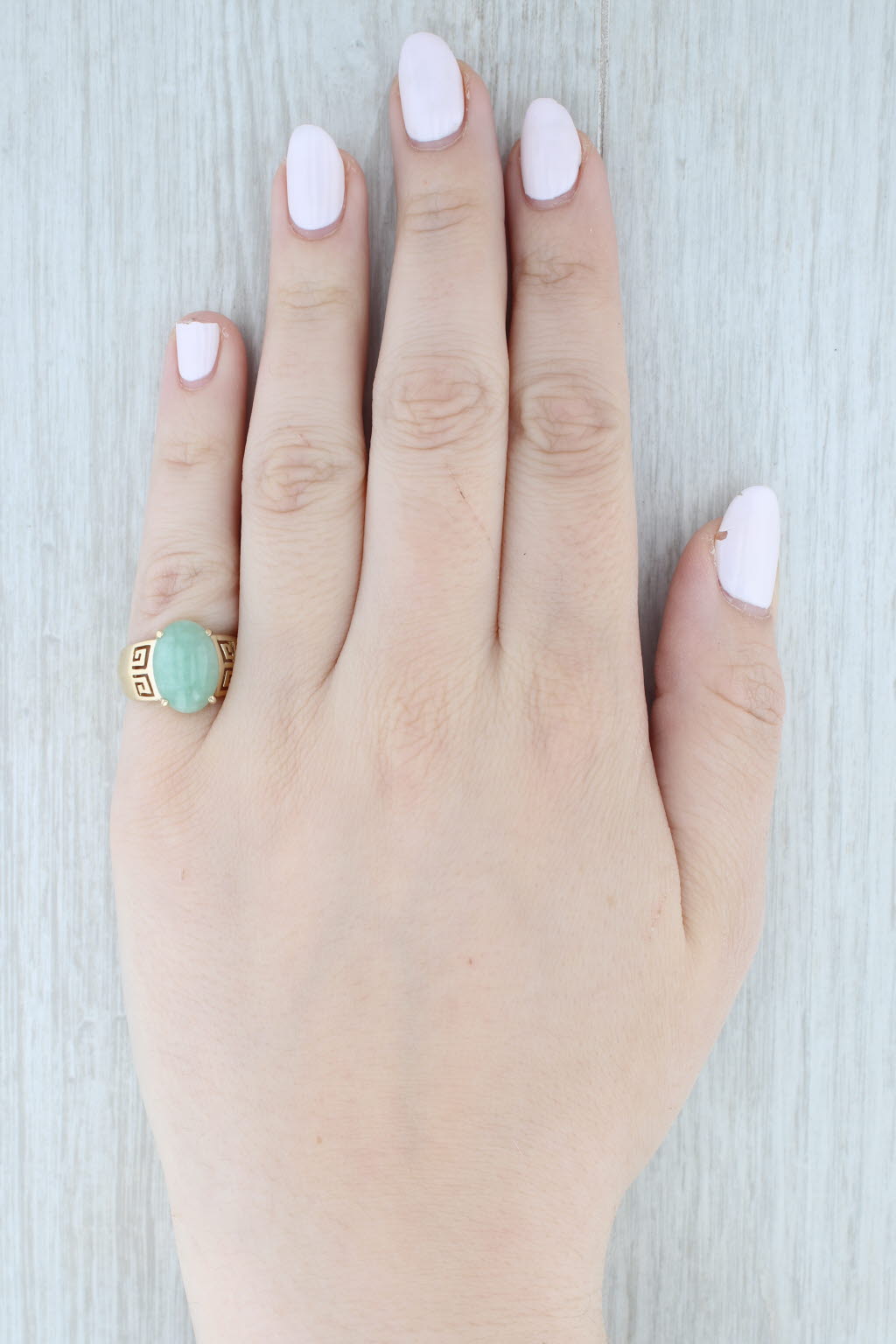 Light Gray Green Jadeite Jade Oval Cabochon Ring 14k Gold Greek Key Pattern Size 6.25