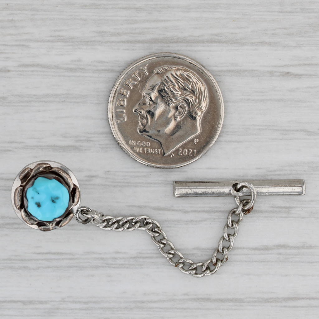 Gray Vintage Turquoise Tie Tac Pin Sterling Silver Handmade Indian New Old Stock