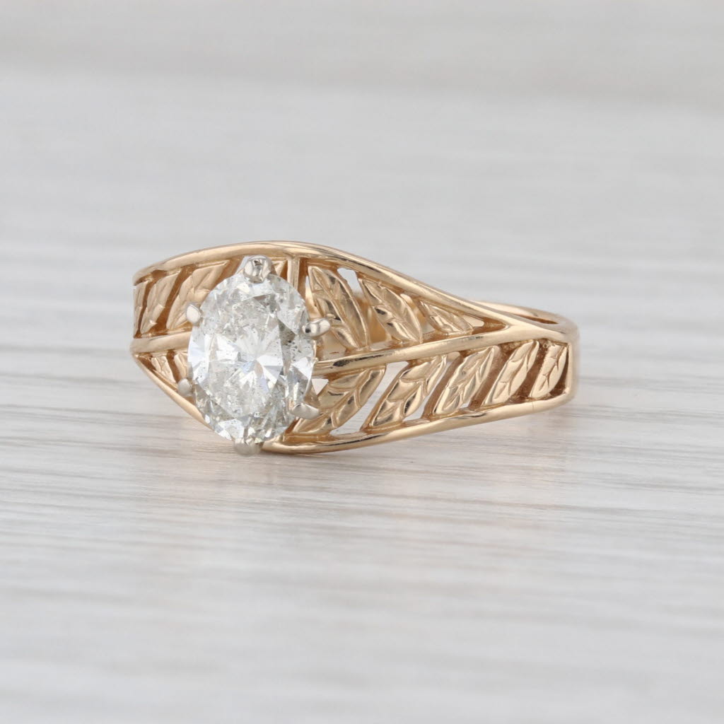 1.10ct Oval Diamond Solitaire Engagement Ring 14k Yellow Gold Size 8.5 Leaf Band