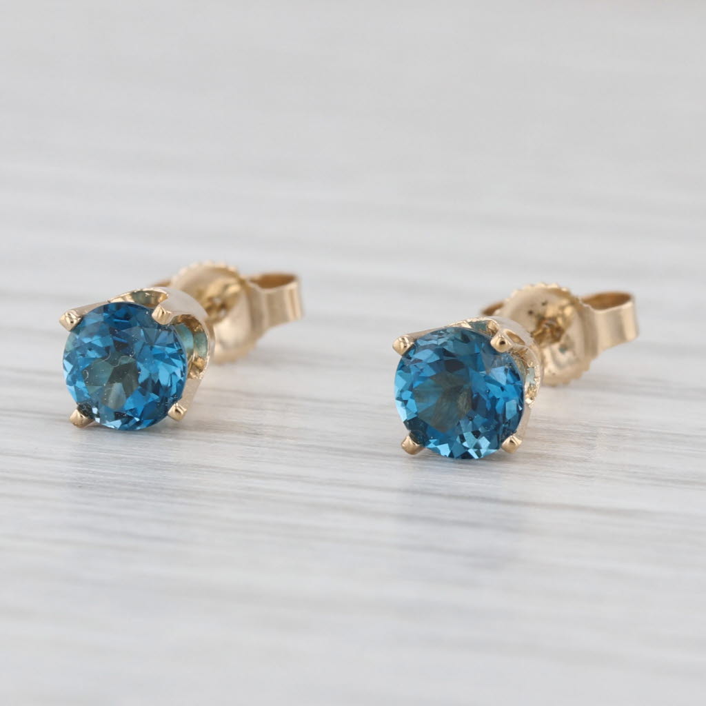 1.24ctw London Blue Topaz Stud Earrings 14k Yellow Gold Round Solitaire Studs