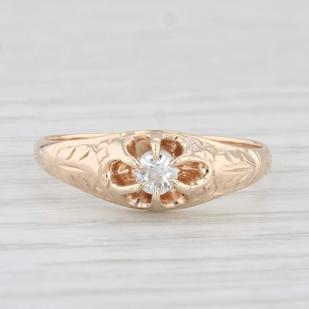 Light Gray Antique Diamond Solitaire Ring 14k Yellow Gold Size 7 Etched Band