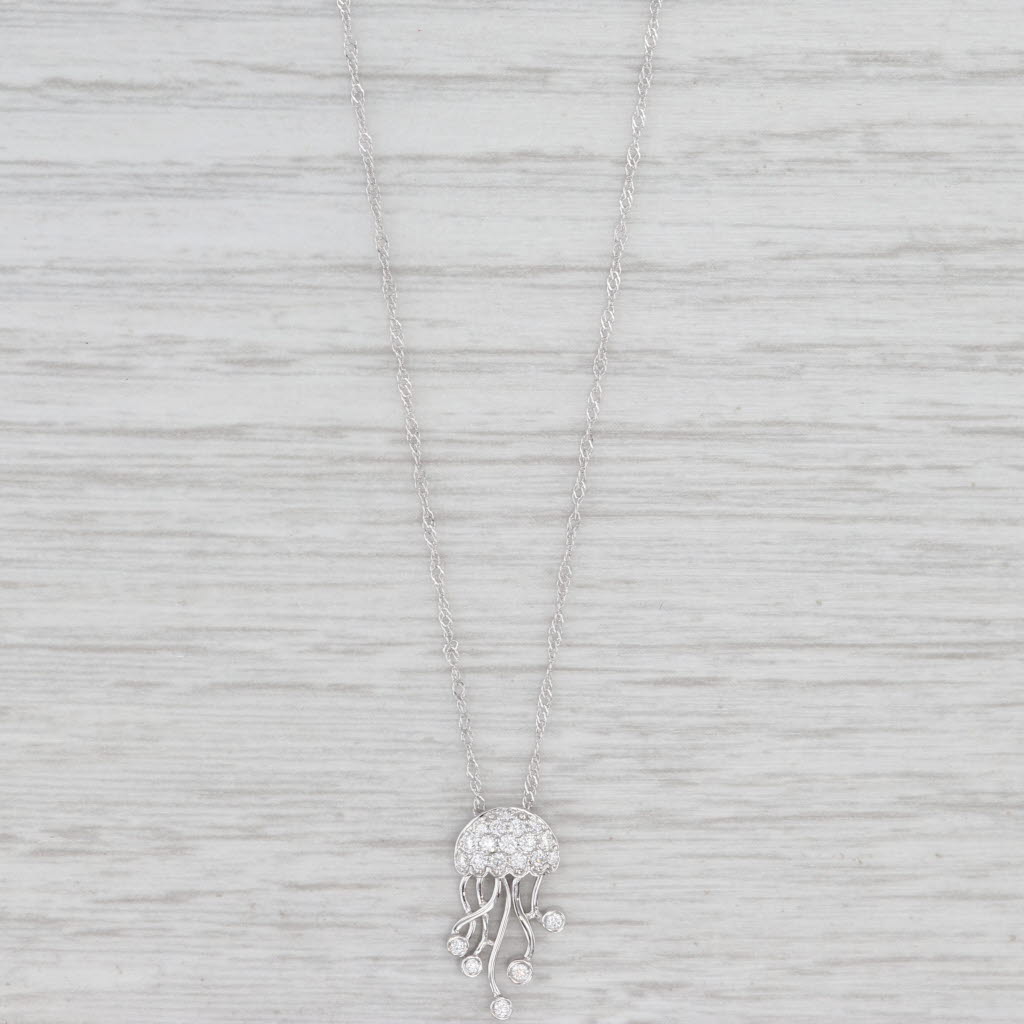 Light Gray New 0.12ctw Diamond Moving Jelly Fish Pendant Necklace 14k White Gold 18"