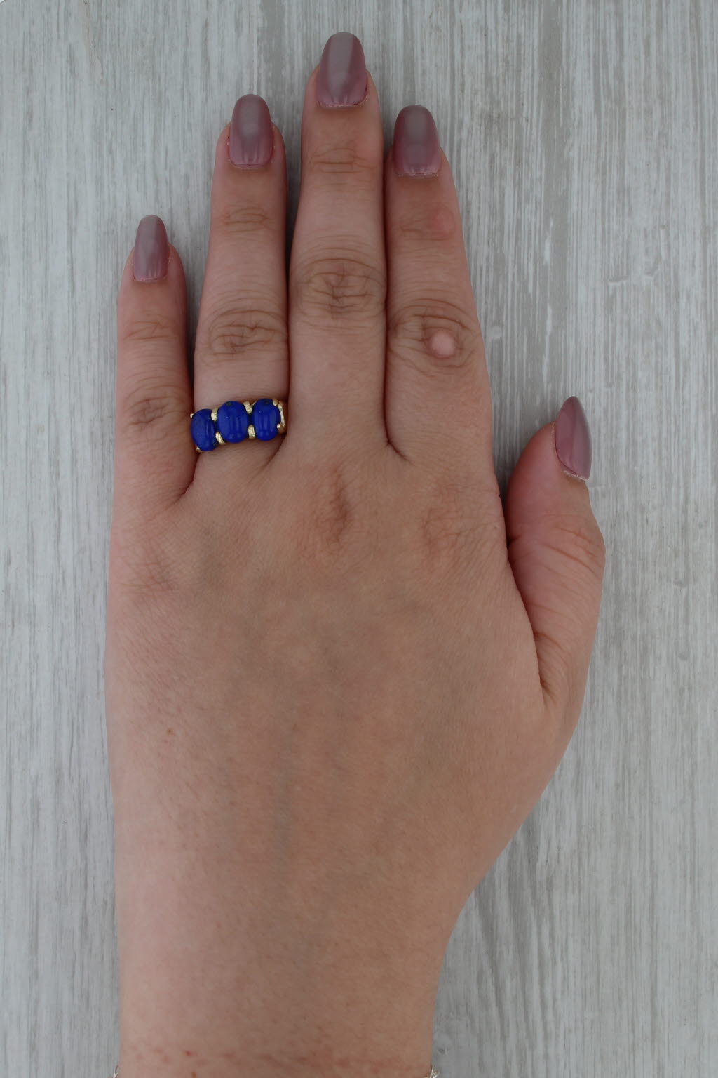 Lapis Lazuli 3-Stone Cabochon Ring 14k Yellow Gold Size 7-7.25