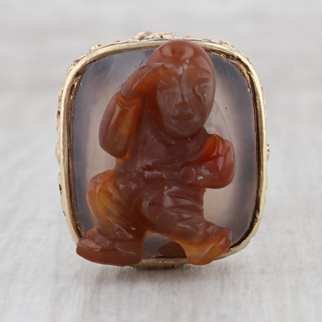 Saddle Brown Antique Brown Agate Cameo Figural Fob Charm Pendant 14k Gold