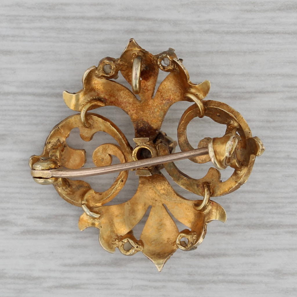 Gray Antique Floral Pearl Brooch Pendant 10k Yellow Gold Ornate Pin