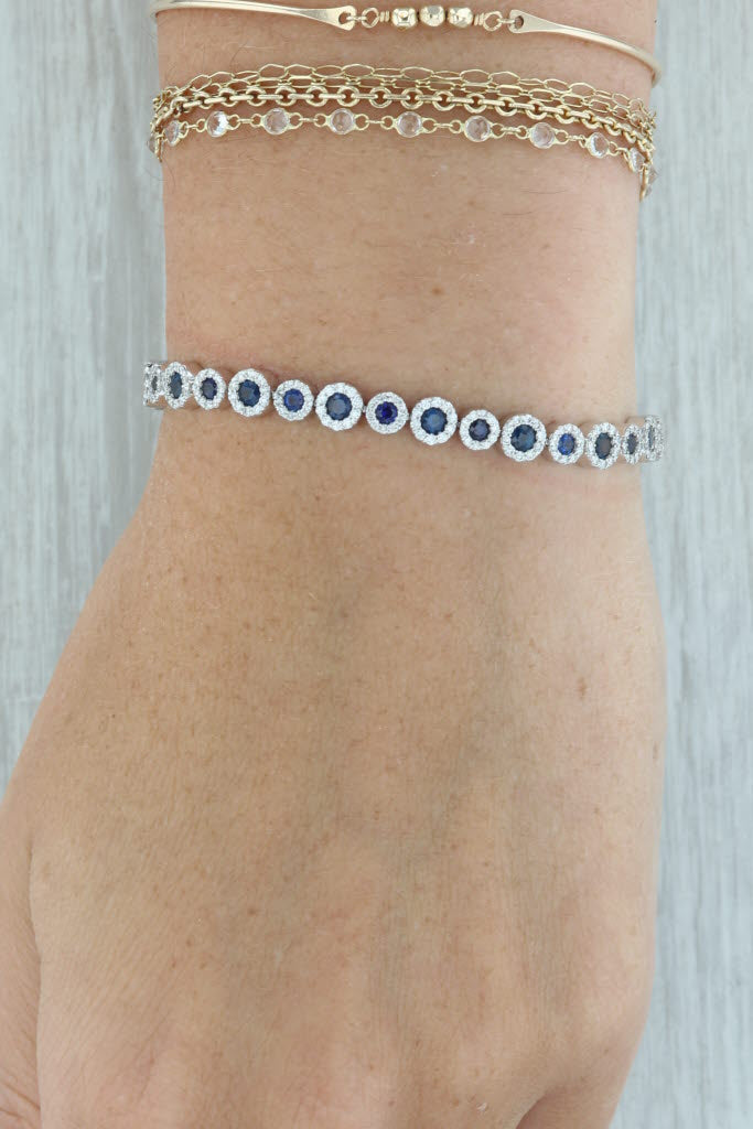 Rosy Brown New 6.22ctw Sapphire Diamond Halos Tennis Bracelet 14k White Gold 7.25" 5.6mm