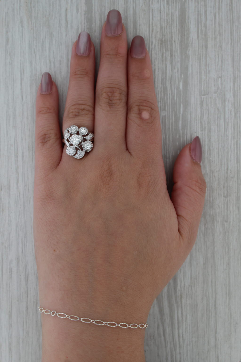 Vintage 1.41ctw Diamond Cluster Ring 14k White Gold Heart Accents Size 5.5