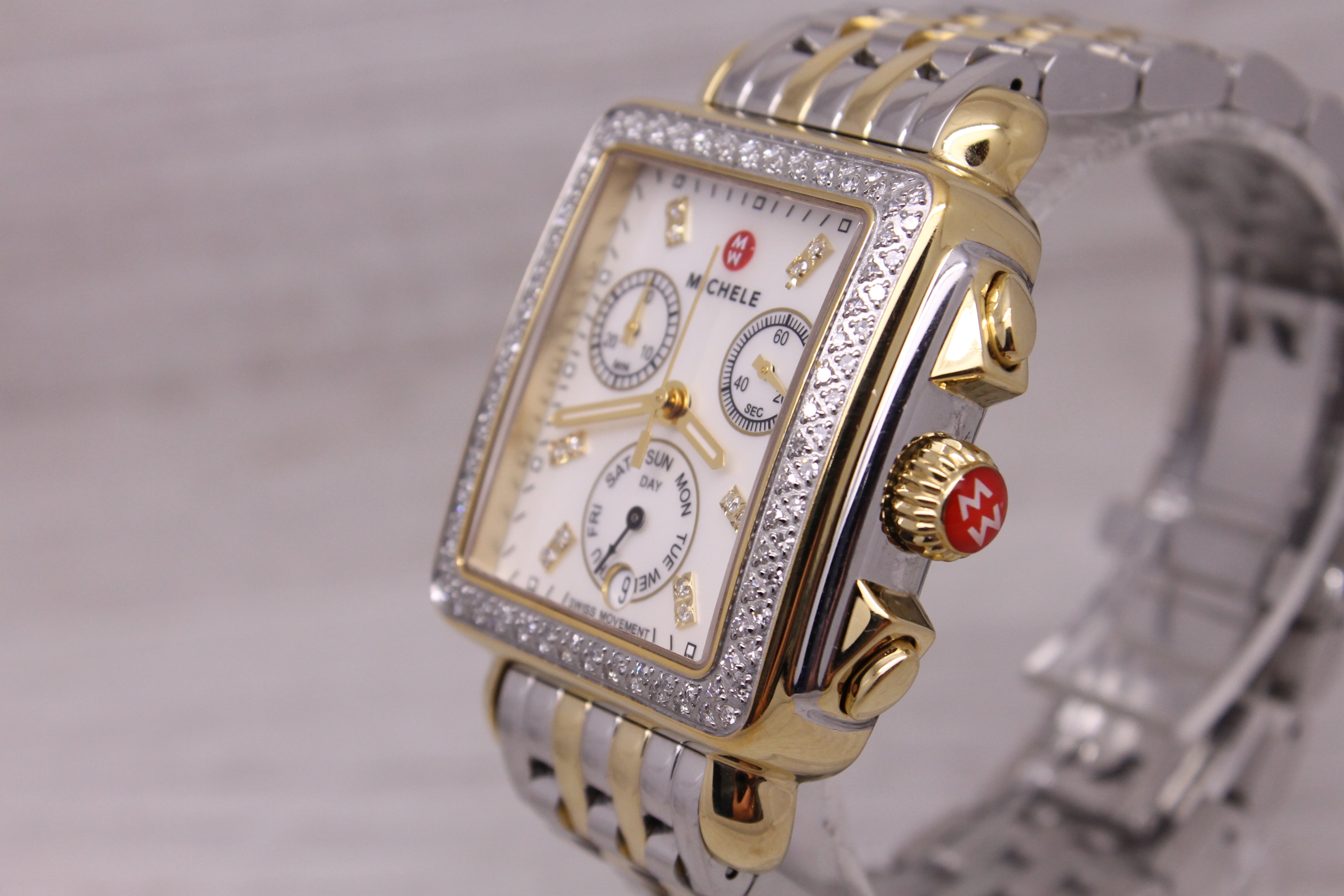Rosy Brown Michele Ladies 2 Tone Quartz Chronograph Watch Diamond Bezel & MOP MW06P01C5046