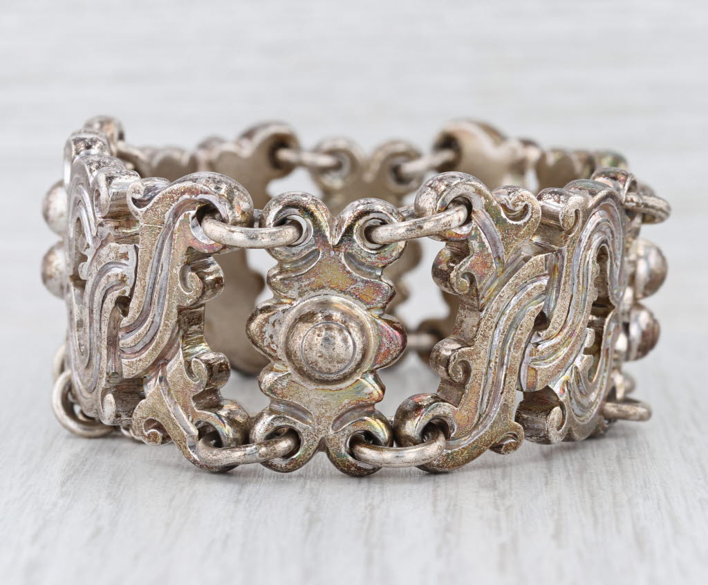 Antonio Pineda Taxco Bracelet 970 Silver Vintage Ornate Statement 7.5" 30mm