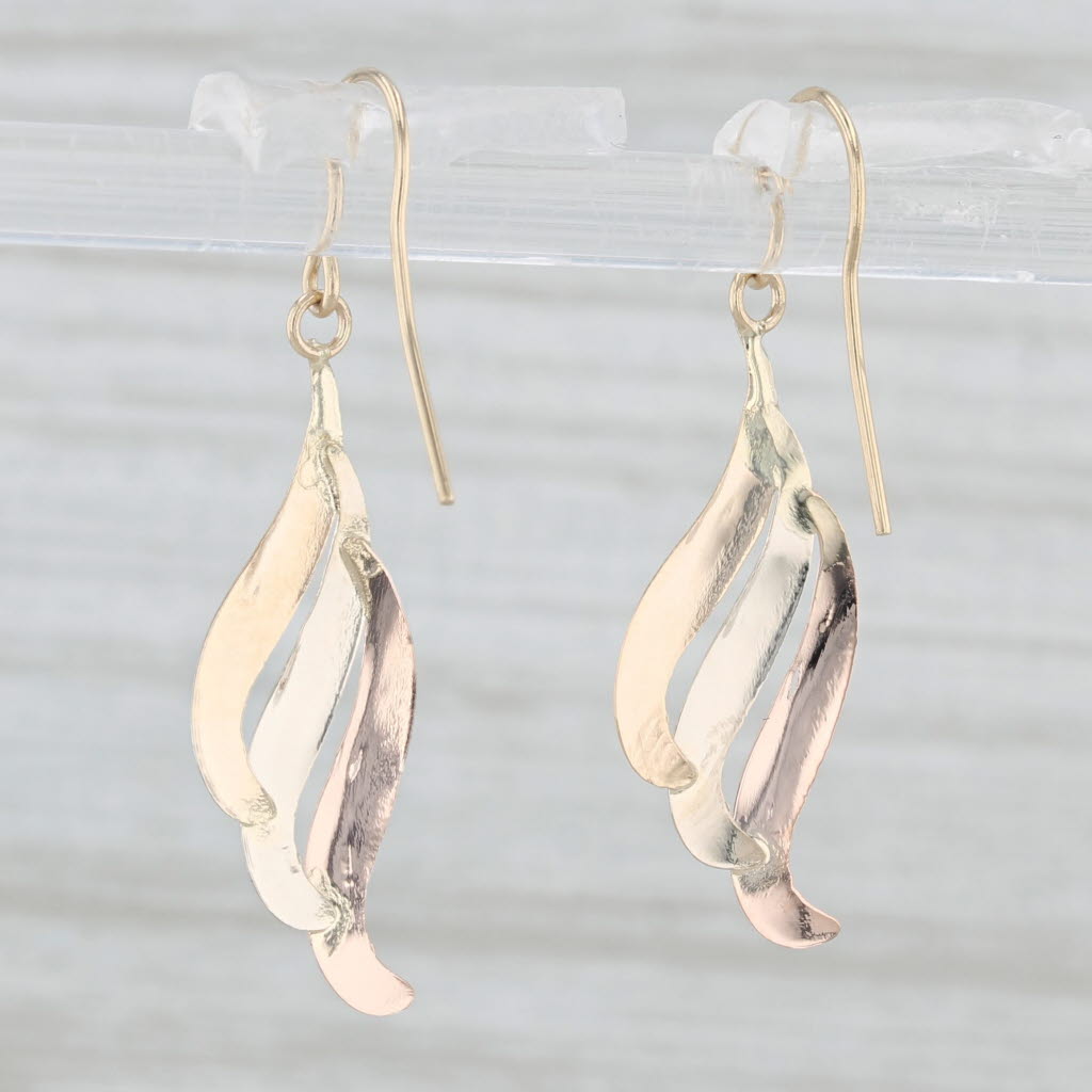 Light Gray Tri-toned Wing Dangle Earrings 14k Yellow White Rose Gold Hook Posts