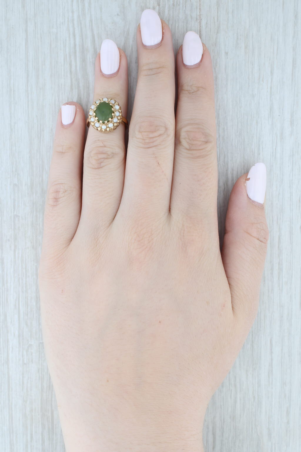 Light Gray Green Nephrite Jade Cultured Pearl Halo Ring 14k Yellow Gold Size 4.75