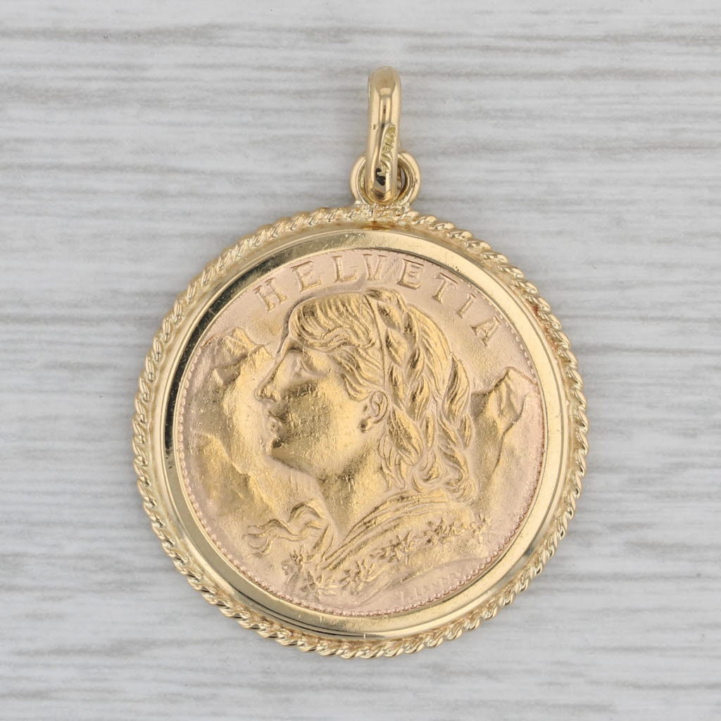 Gray 1935 20 Franc Helvetia Swiss Coin 18k Bezel 900 Gold Coin