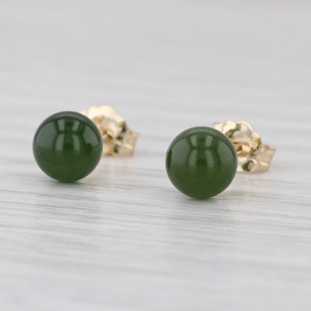 Green Nephrite Jade Round Bead Stud Earrings 14k Yellow Gold Studs
