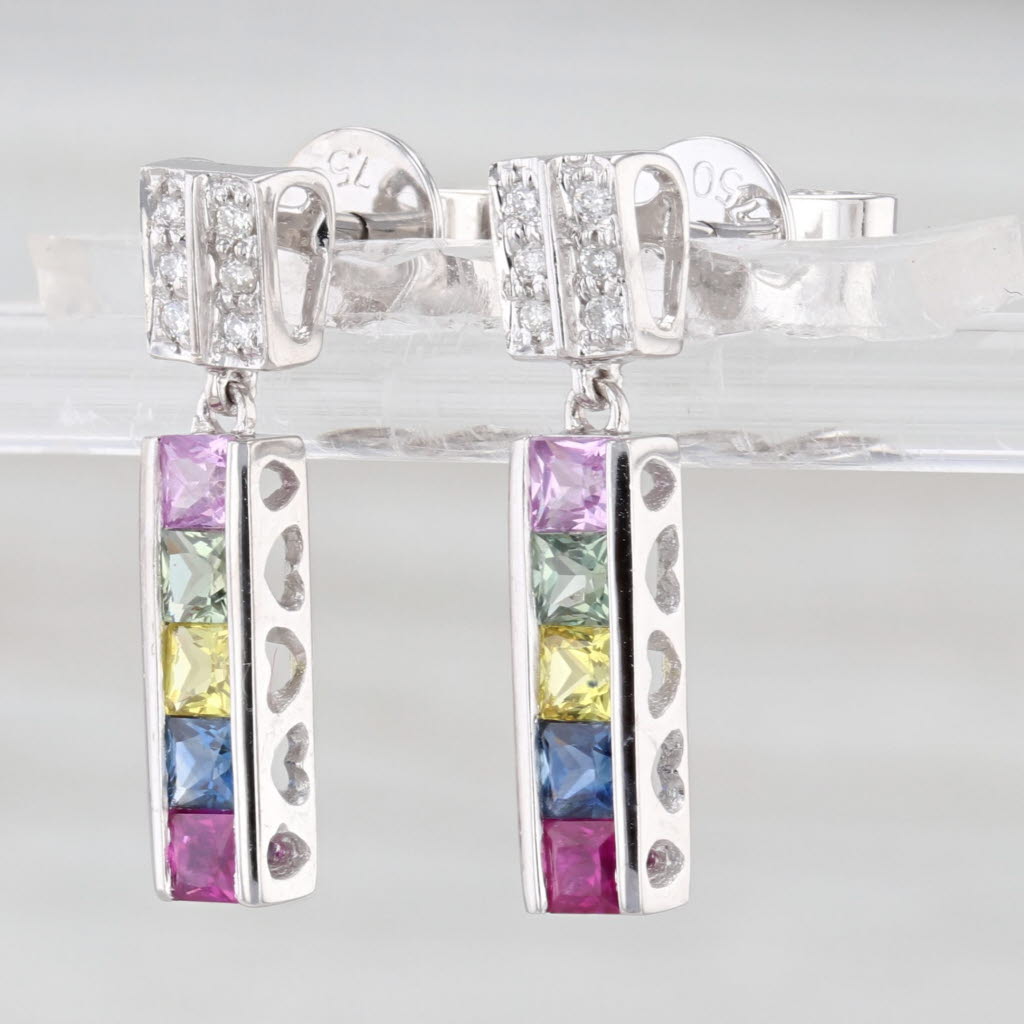0.95ctw Multicolor Sapphire Diamond Dangle Earrings 18k White Gold Heart Accents