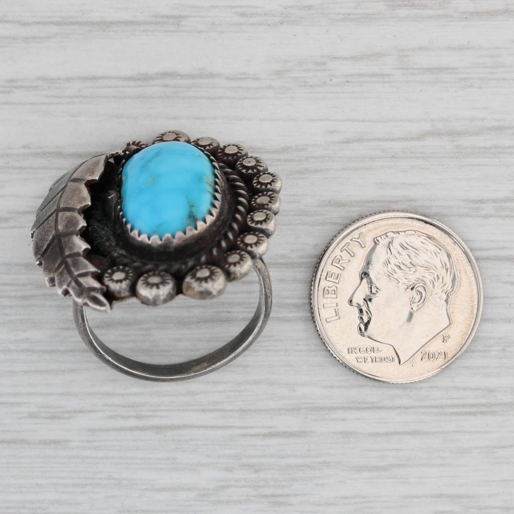 Gray Native American Turquoise Leaf Ring Sterling Silver Size 7.25 Statement