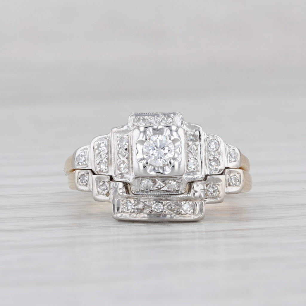 Vintage 0.28ctw Diamond Wedding Band Engagement Ring Bridal Set 14k Gold Sz 4.75