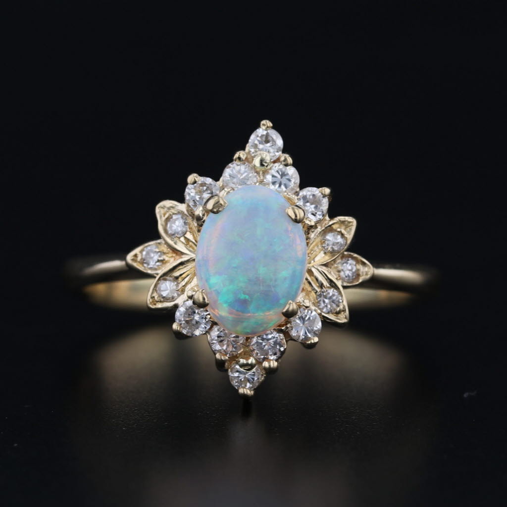 Opal Cabochon Diamond Halo Ring 18k Yellow Gold Size 6.25
