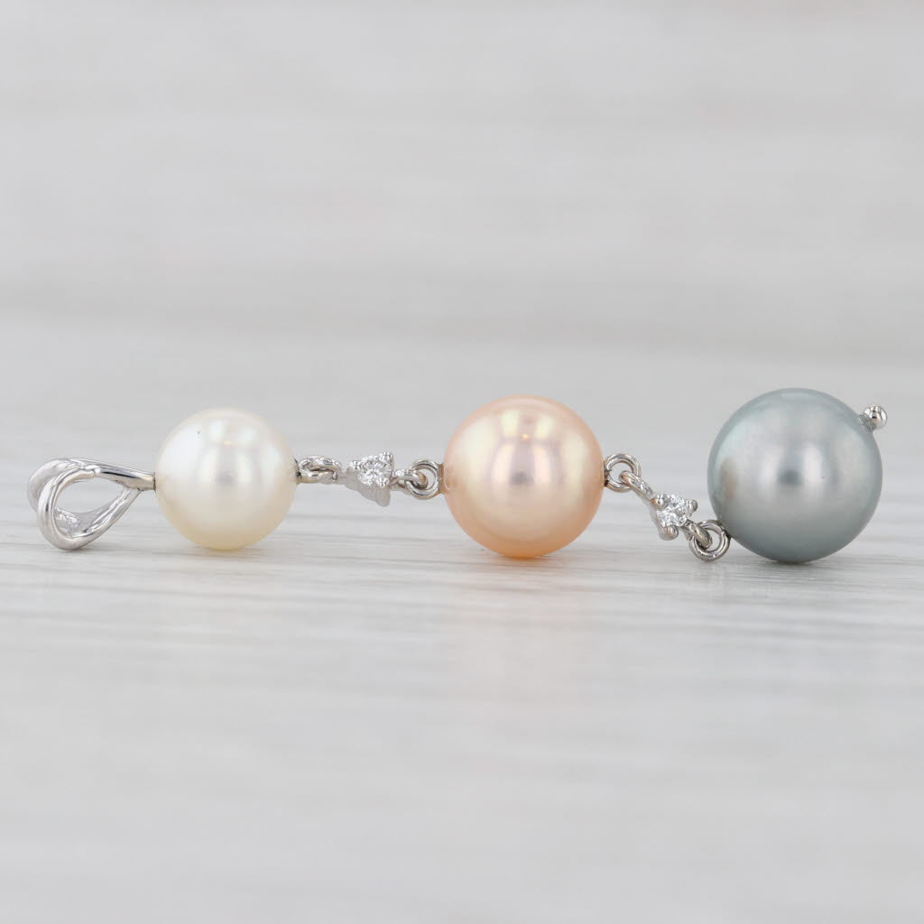 Light Gray Tri-Color Cultured Pearl Diamond Dangle Pendant 18k White Gold