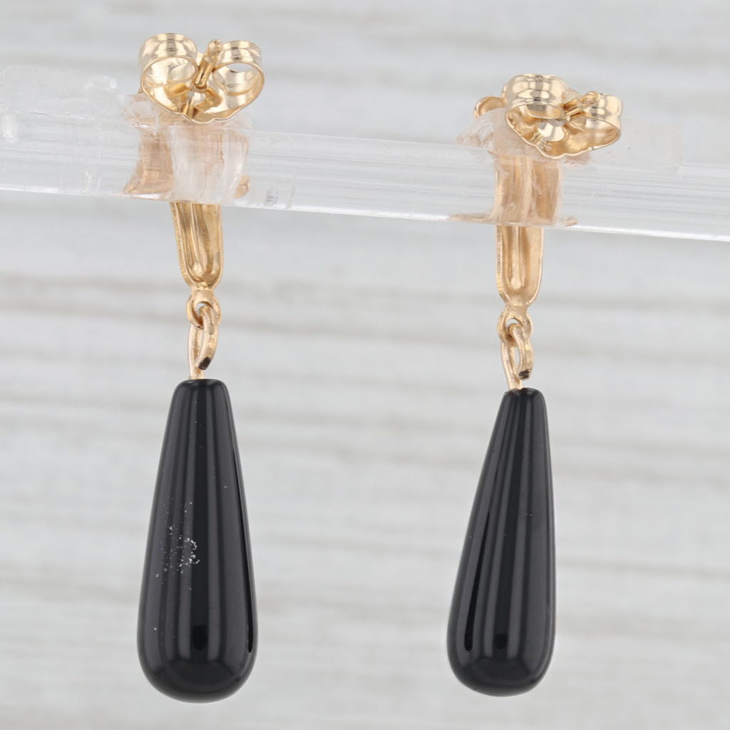 Light Gray Onyx Teardrop Dangle Floral Earrings 14k Yellow Gold