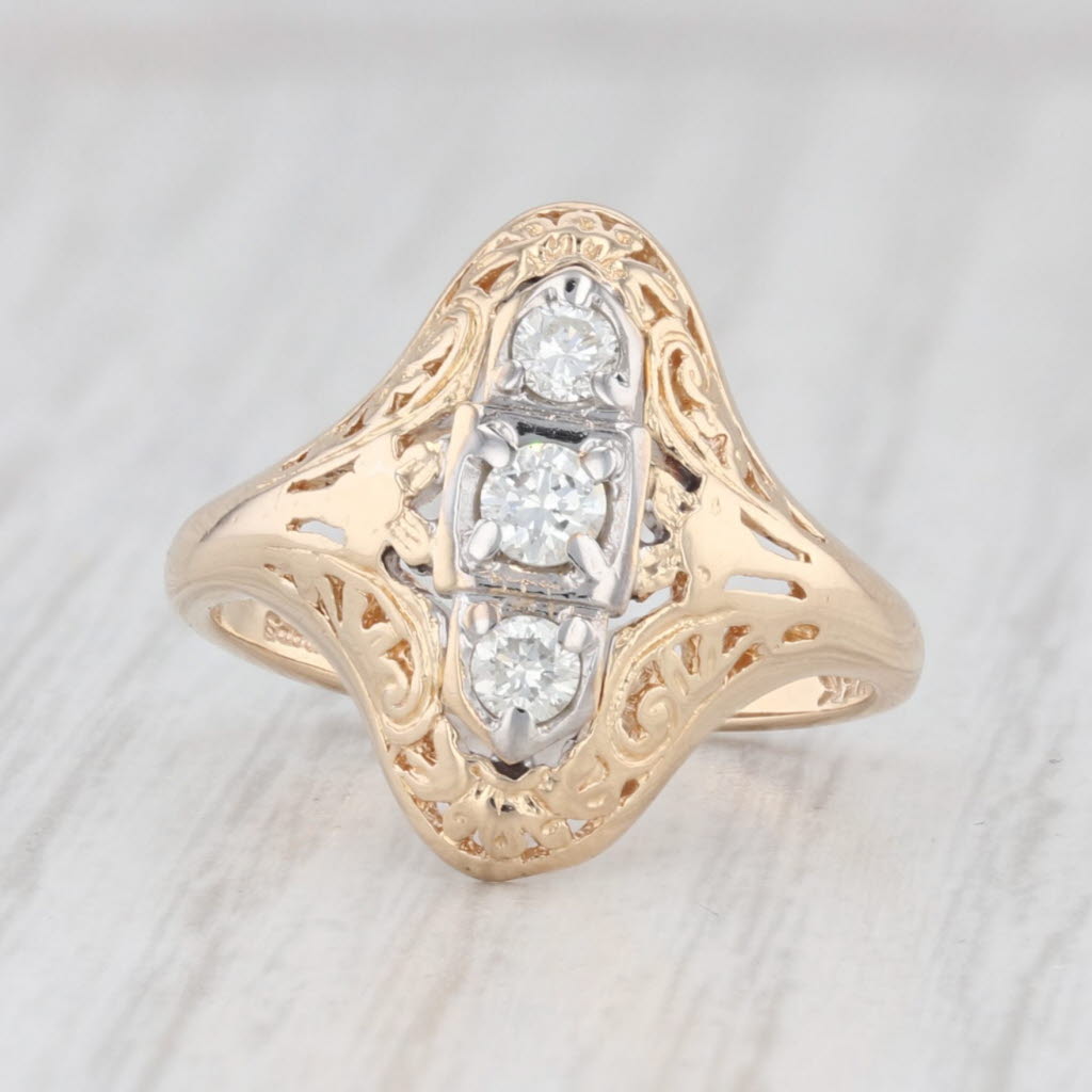 Light Gray Vintage Diamond 3-Stone Ring 14k Yellow Gold Filigree Size 4.5