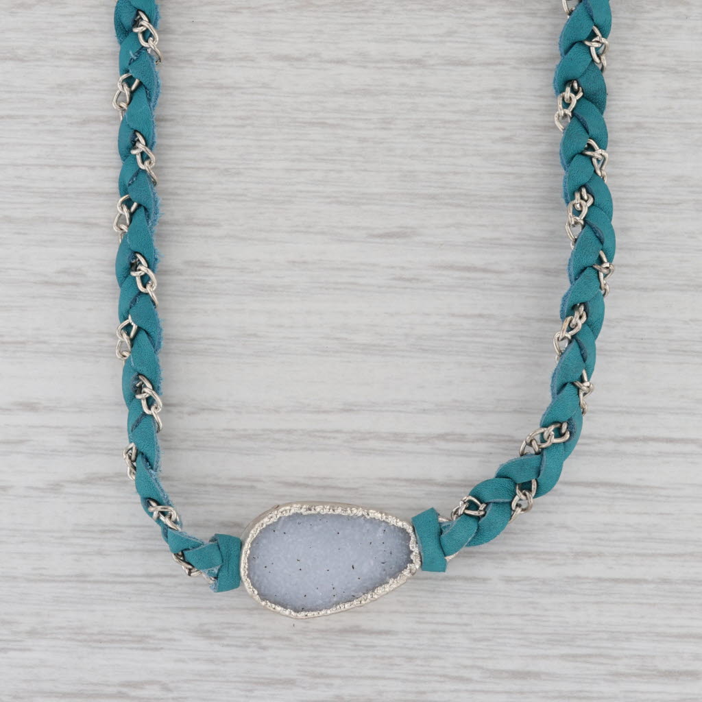 New Cordelia Nina Wynn Necklace Teal Leather White Druzy Quartz Pendant