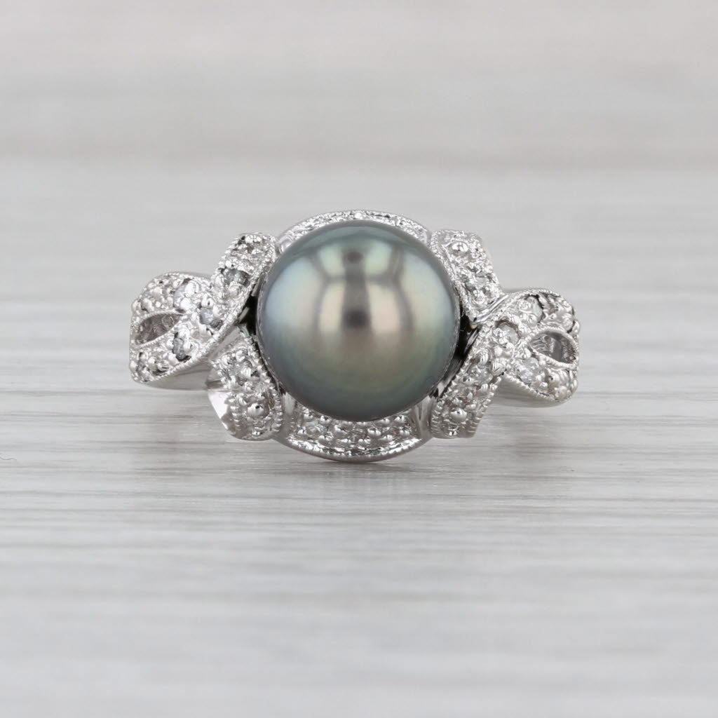 Black Cultured Pearl Diamond Ring 14k White Gold Size 5