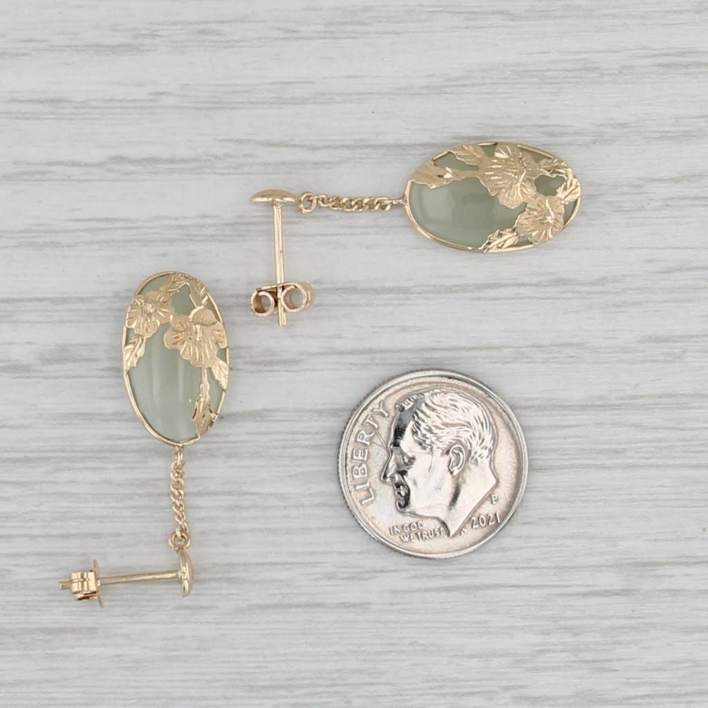 Green Nephrite Jade Flower Dangle Earrings 14k Yellow Gold Drops