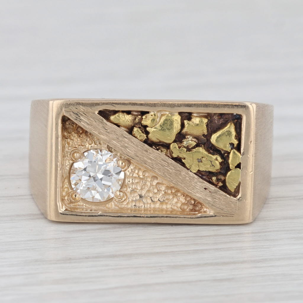 Light Gray Men's Diamond Solitaire Nugget Ring 14k 18k Yellow Gold Size 10